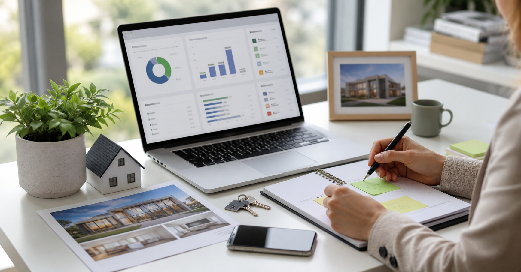 Real estate CRM dashboard and follow-up notes on a realtor desk