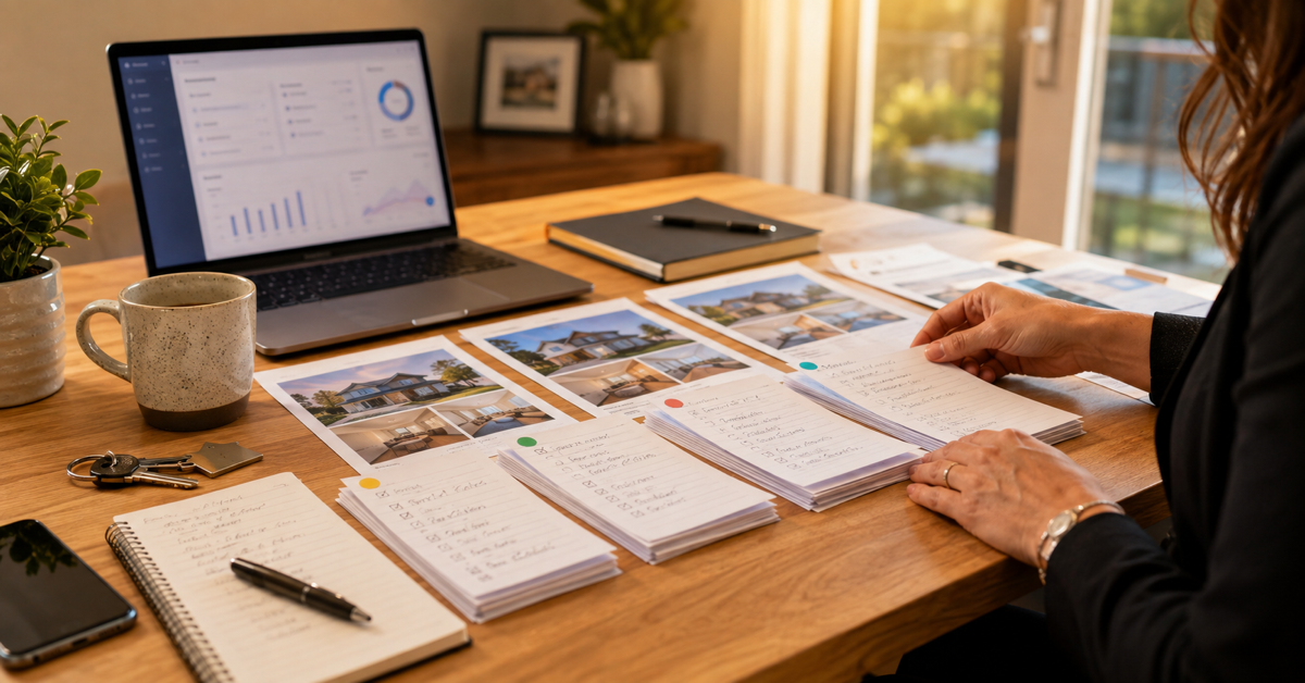 Realtor organizing buyer preferences and showing notes after multiple home tours