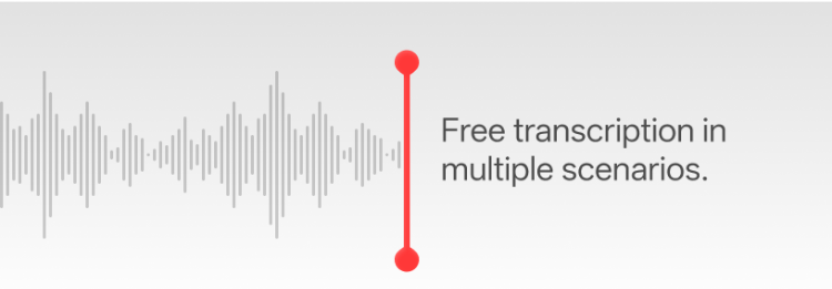 Audio waveform with a red dot and text about free transcription in multiple scenarios on a gray background.