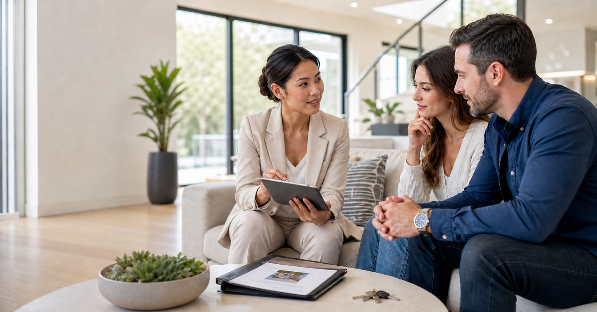 Realtor discussing property notes with clients during a home showing