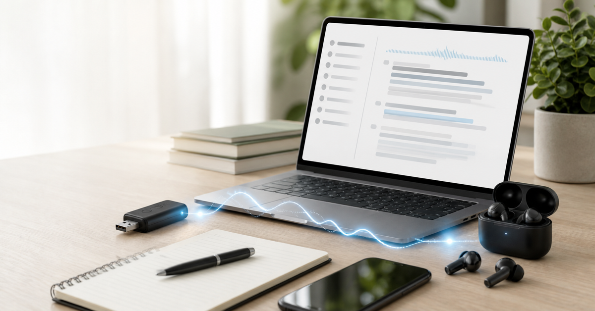 AI note taker alternatives to Otter.ai including a laptop, USB voice recorder, and wireless earbuds