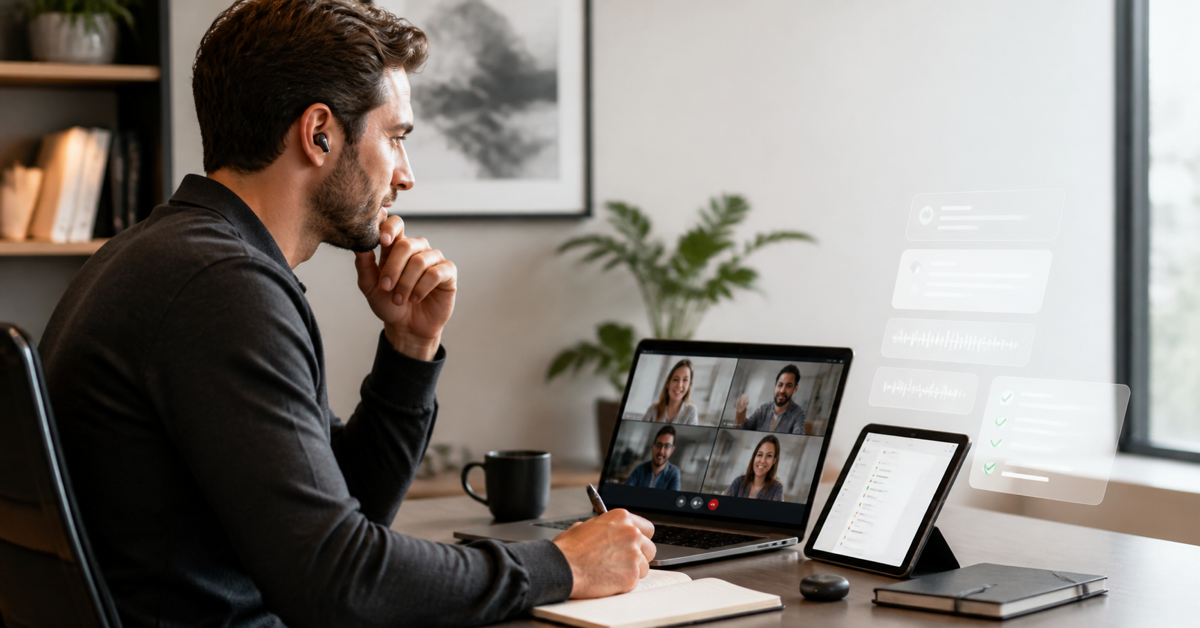 Sales professional taking notes during a video sales call with AI summary cards