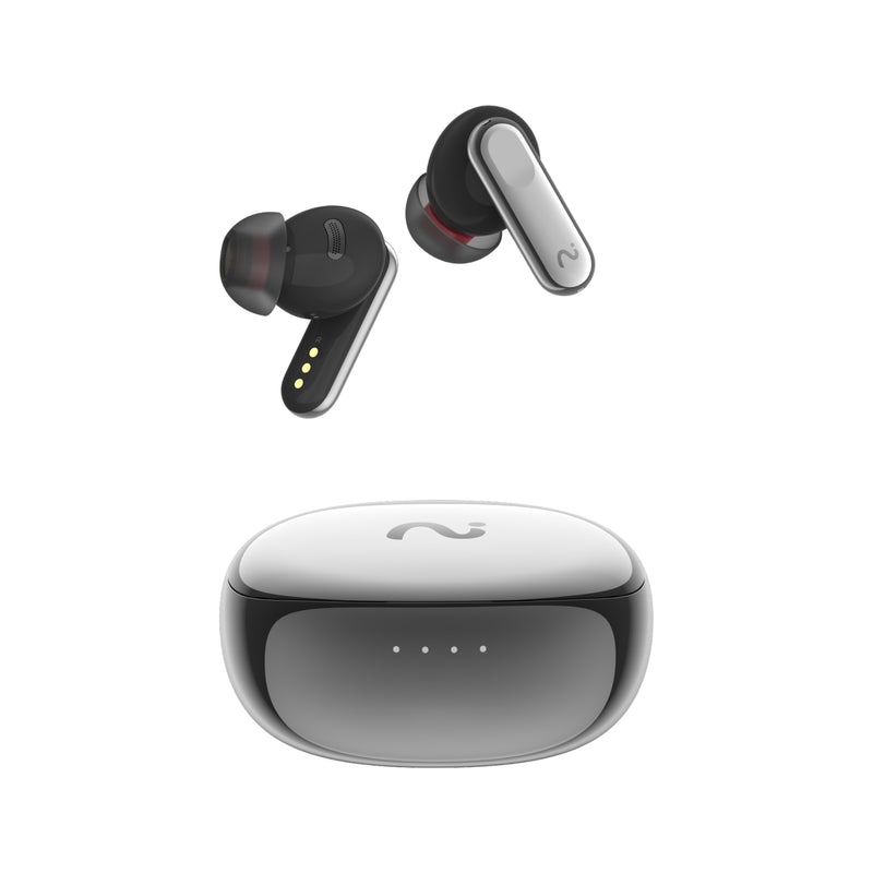 viaim Nano+ AI recording earbuds in Shiny Black - front view with charging case