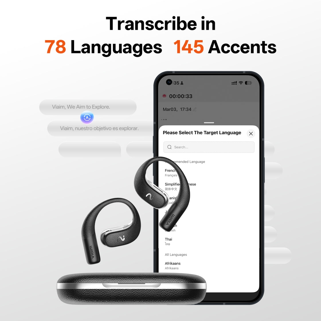 viaim OpenNote | Open-Ear AI Voice Recorder Earbuds with Transcription
