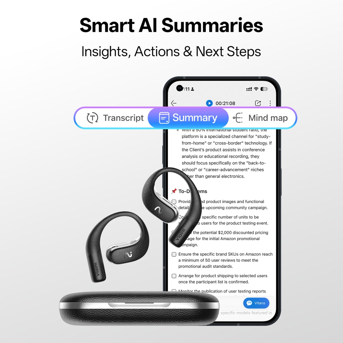 viaim OpenNote | Open-Ear AI Voice Recorder Earbuds with Transcription