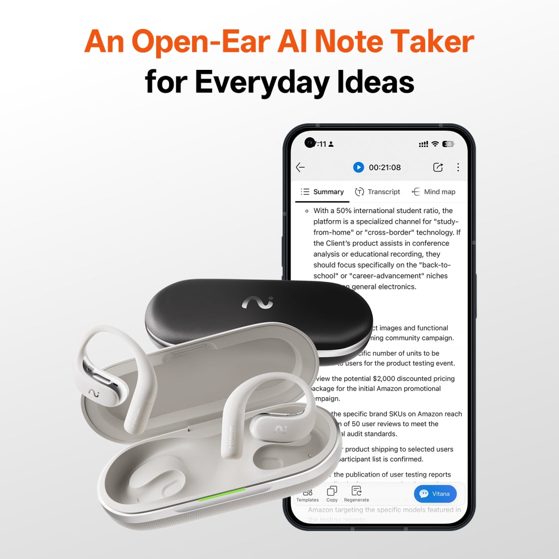 viaim OpenNote | Open-Ear AI Voice Recorder Earbuds with Transcription