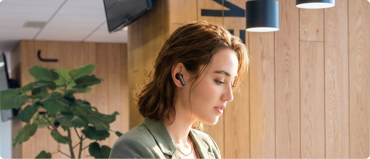 viaim AI earbuds capturing conversations hands-free during a meeting