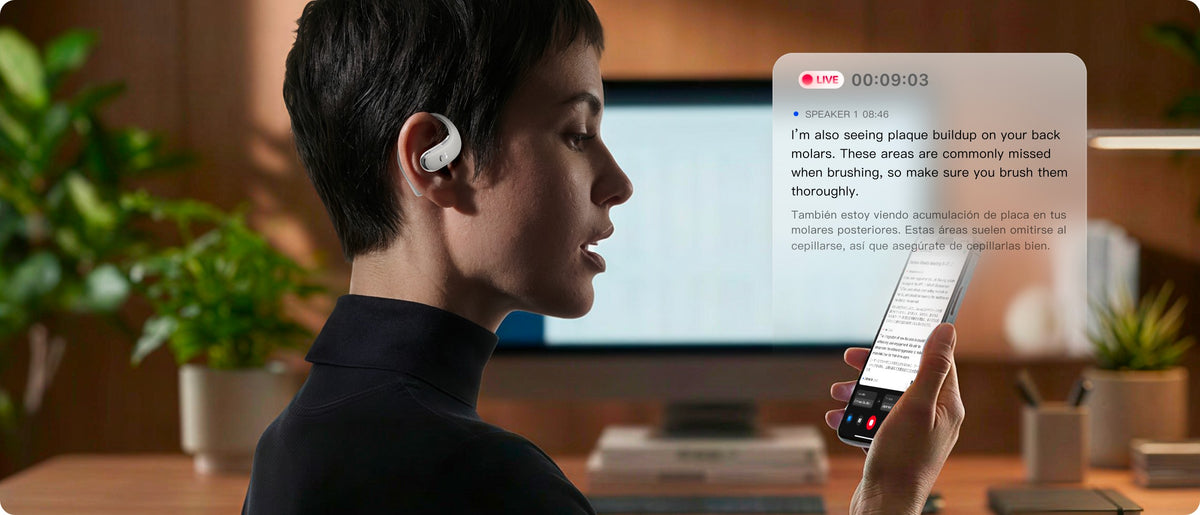 viaim AI earbuds providing real-time transcription of conversations