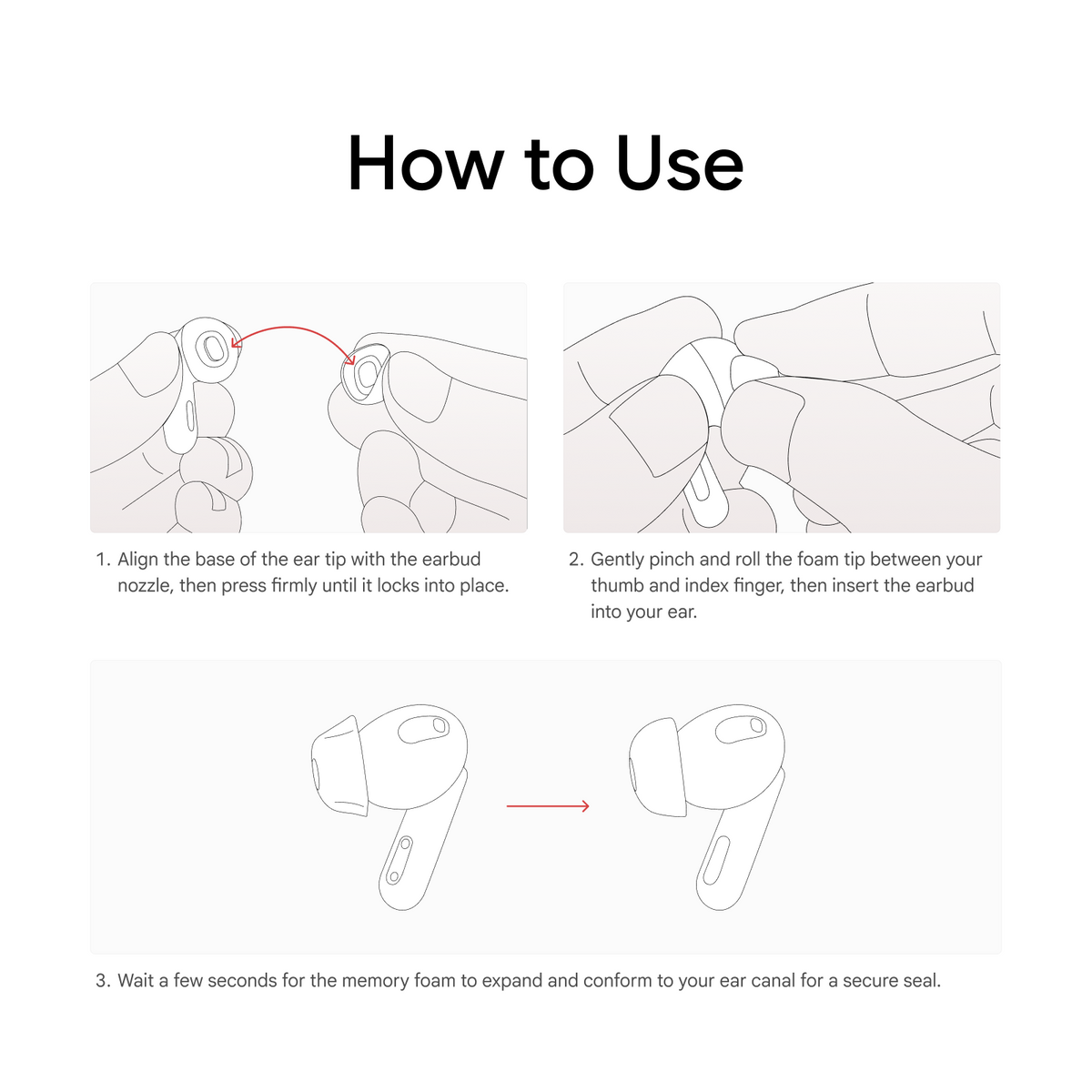 How to use viaim RecDot memory foam ear tips — step 1 align and press onto the earbud nozzle, step 2 pinch and roll the foam tip, step 3 wait for the memory foam to expand for a secure seal