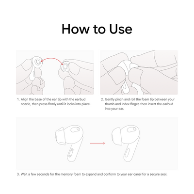 How to use viaim RecDot memory foam ear tips — step 1 align and press onto the earbud nozzle, step 2 pinch and roll the foam tip, step 3 wait for the memory foam to expand for a secure seal