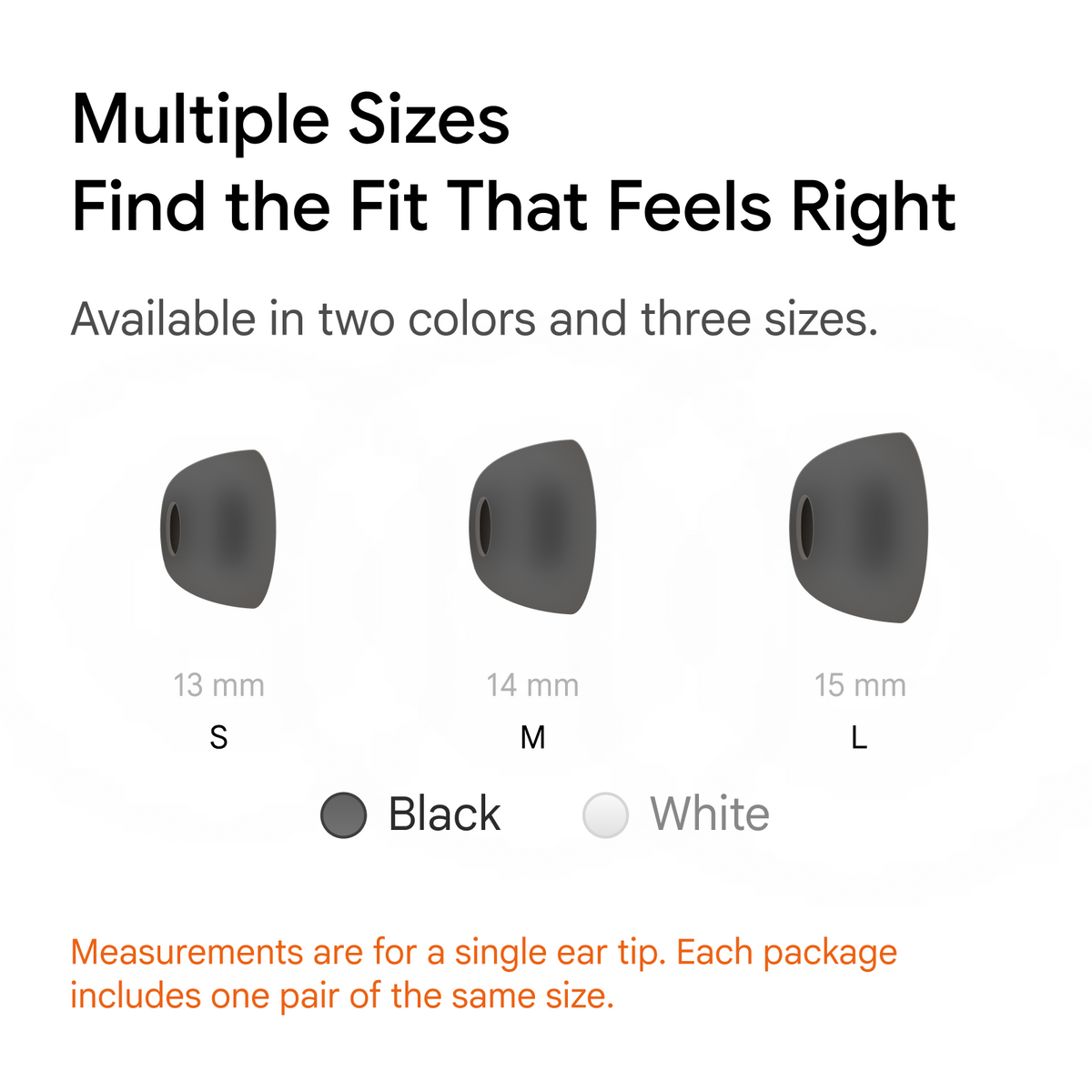 Multiple sizes chart 13 mm Small, 14 mm Medium, 15 mm Large in Black and White — viaim RecDot memory foam ear tips, each package includes one pair of the same size
